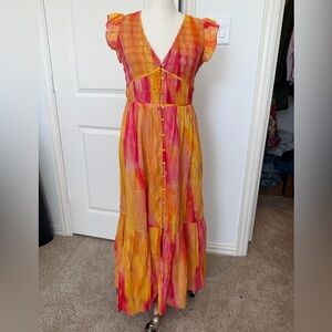 Anthropolgie Women's Pink & Yellow Button-Front Maxi Dress